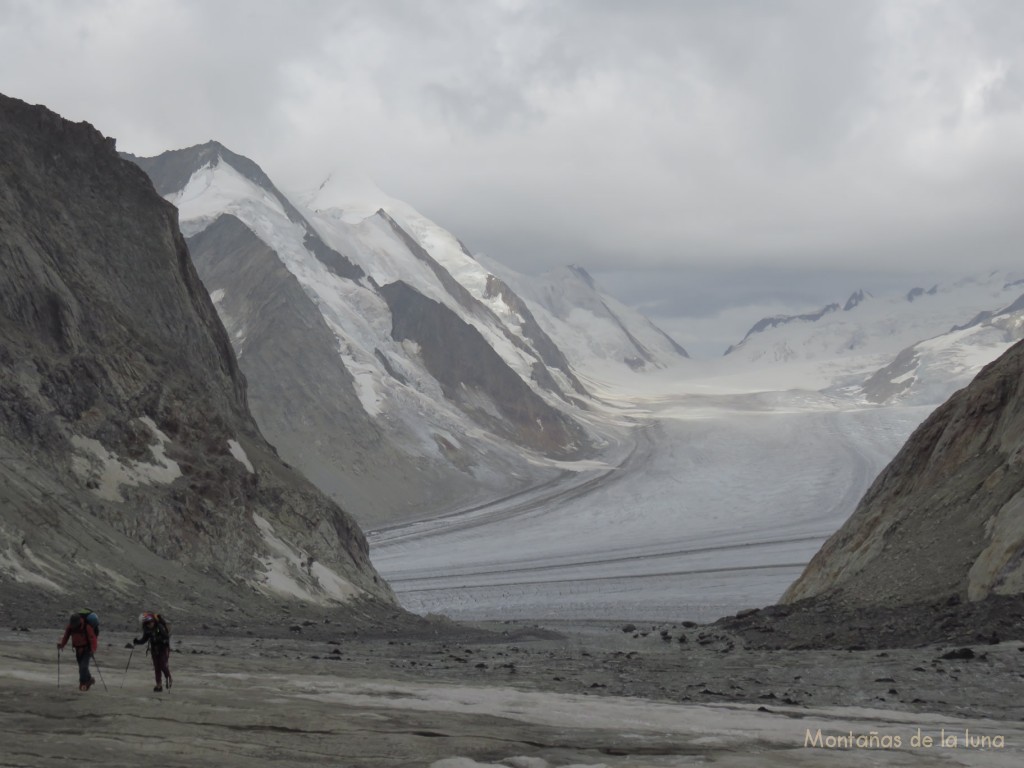 Luis y Olga en el Glaciar Grüneggfirn subiendo al collado Grünhornlücke, atrás queda el Glacair Aletsch en Konkordia. El pico Aletschhorn en el centro izquierda