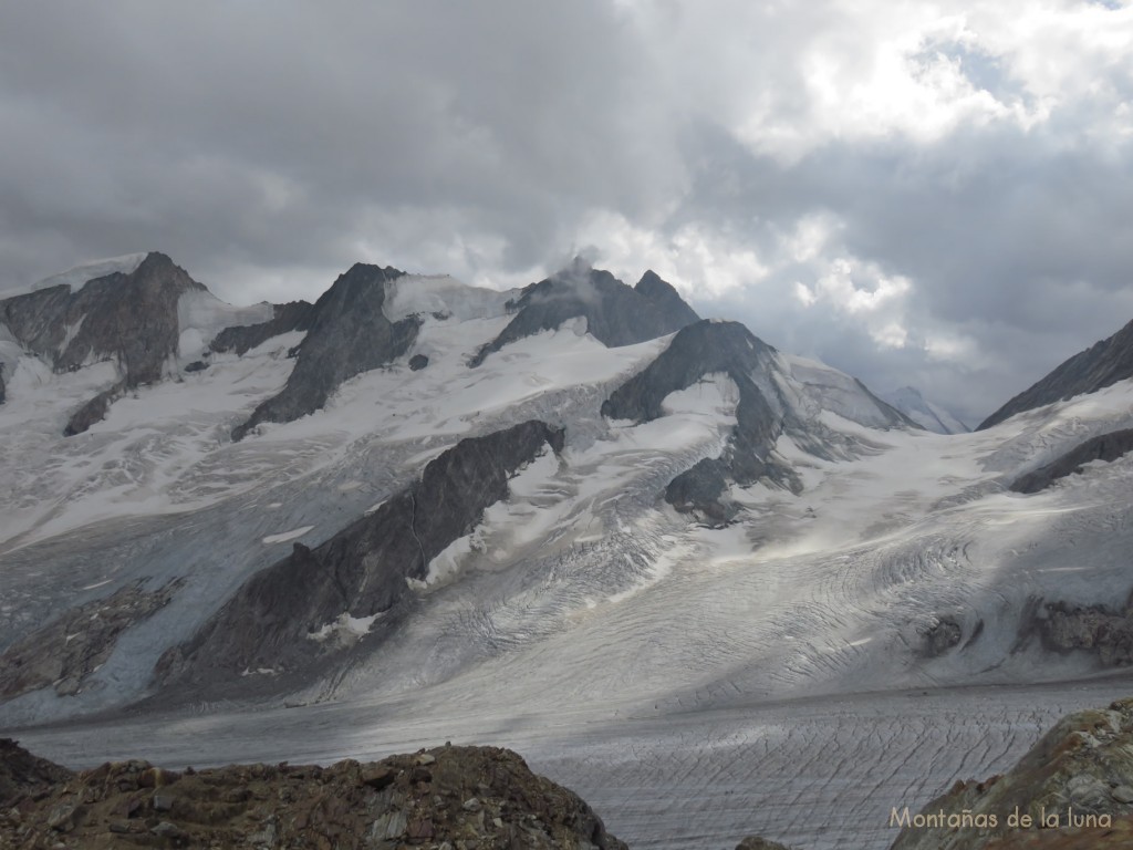 A la izquierda el Wannenhorn, le sigue el Schönbühlhorn, con una nubecita el Fiescher Gabelhorn, a la derecha el collado Grünhornlücke